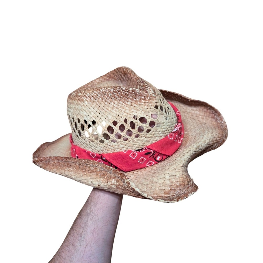 DPC Dorfman Pacific Raffia Straw Cowboy Hat Red Bandana Band Vented OSFM Western